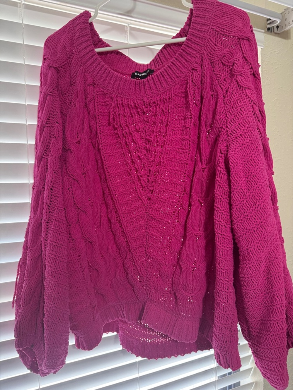 Express Women's Bright Fuchsia Cable Crew Neck Sweater